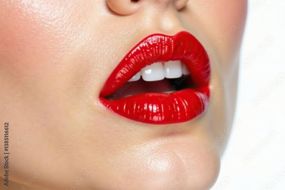 Fototapeta premium Close-up vibrant red lipstick, pristine white backdrop, clean, smooth, beauty