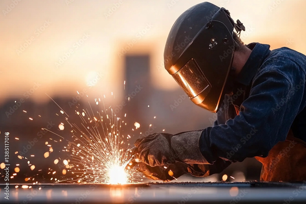 Welder creates sparks while working on a metal structure during sunset in an industrial setting Welder creates sparks while working on a metal structure during sunset in an industrial setting