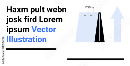 Shopping bag beside upward arrow indicating progress and growth. Placeholder text suggests sample design. Ideal for e-commerce, retail, online shop, progress, growth, design, simple landing page