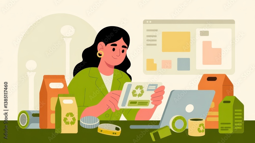Woman Using Digital Tablet to Explore Eco-Friendly Packaging Options Woman Using Digital Tablet to Explore Eco-Friendly Packaging Options