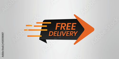Dynamic free delivery vector design with an orange arrow symbolizing fast shipping and promotional offers for ecommerce.