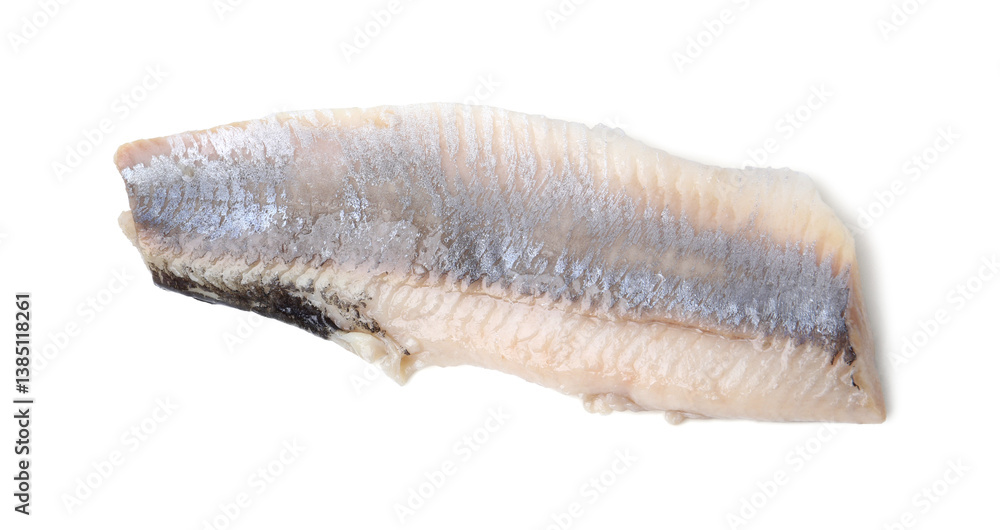 One tasty marinated herring fillet isolated on white, top view One tasty marinated herring fillet isolated on white, top view