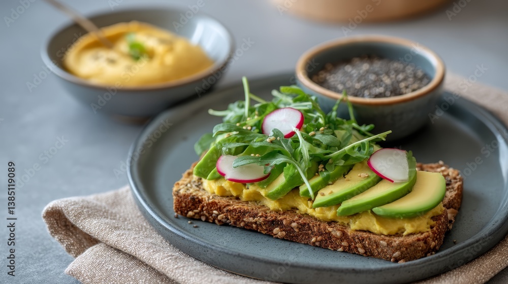 Close-up view of a multigrain toast sandwich filled with creamy avocado, fresh radish, and peppery arugula, complemented by chia seeds and hummus on a napkin Close-up view of a multigrain toast sandwich filled with creamy avocado, fresh radish, and peppery arugula, complemented by chia seeds and hummus on a napkin