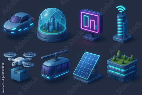 Wallpaper Mural Futuristic cityscape icons in 3d – smart mobility and urban innovation Torontodigital.ca