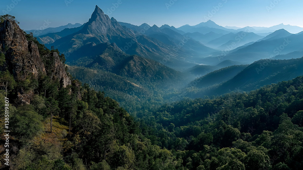 A Vast Mountain Range in the Distance with Dense Forests and Majestic Peaks Stretching into the Horizon A Vast Mountain Range in the Distance with Dense Forests and Majestic Peaks Stretching into the Horizon