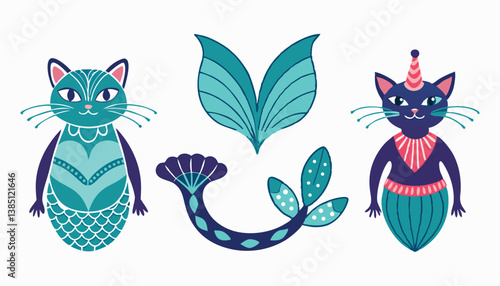 The little mermaid, Little cute mermaid with fishes, Silhouette of swimming mermaids, Mermaid, mermaid silhouette set, multi color silhouette of a mermaid