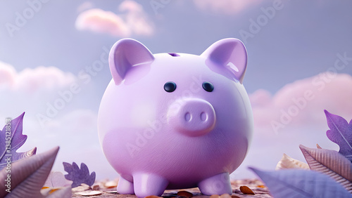 Lilac Sky with 3D Pink Piggy Bank and Coins