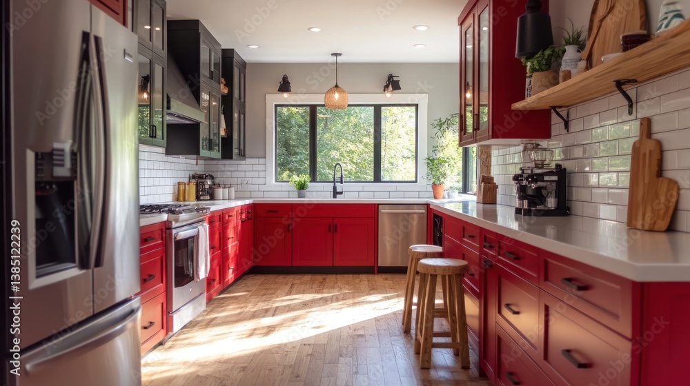 Fototapeta premium Modern red and gray kitchen with sunlight, perfect for home decor inspiration
