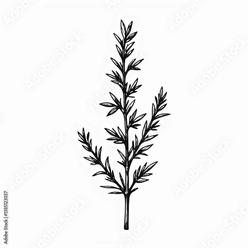 Vintage rosemary sprig illustration in black ink on white background  