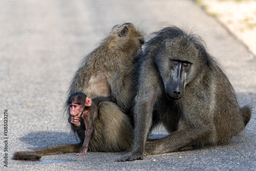 Obraz premium Baby Baboon finding protection at his mother in the Kruger National Park in South Africa 
