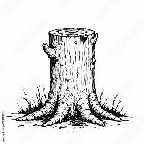 Vintage sketch of a tree stump with roots on a plain background  
