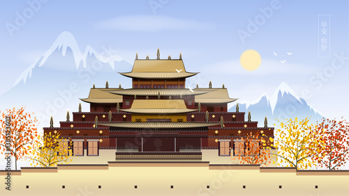 Red-style traditional Chinese architecture, oriental pagodas and ancient city gates