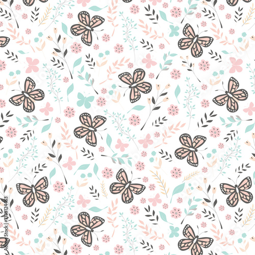 Bright cartoon background with flowers and butterflies in doodle style. Vector seamless pattern with flowers, leaves, branches and butterflies. Texture for home and children's textiles, decor