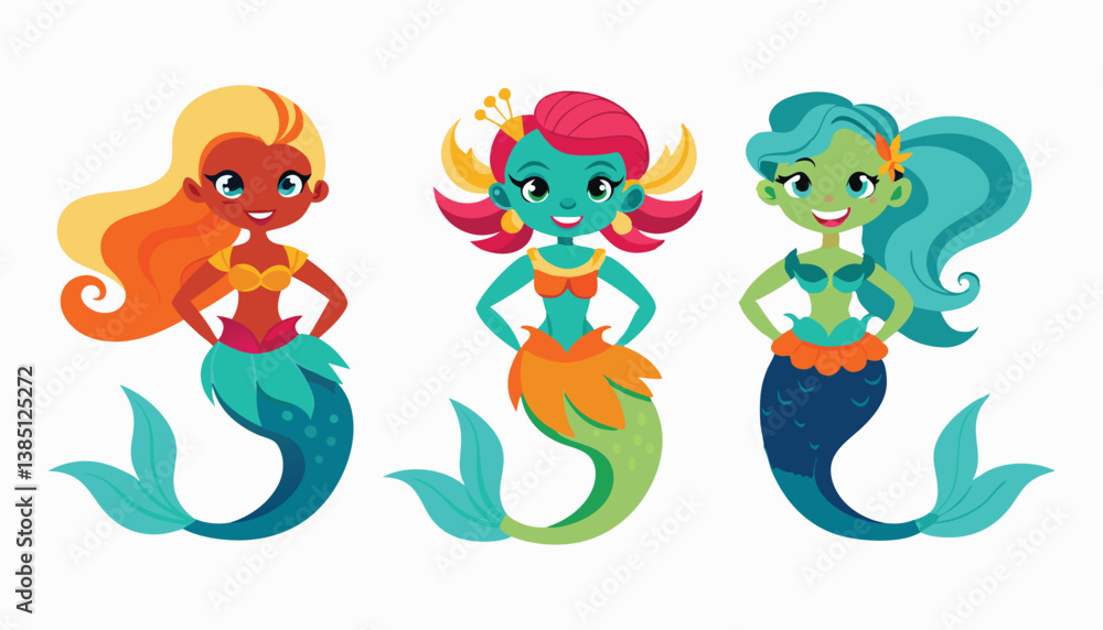 Obraz premium The little mermaid, Little cute mermaid with fishes, Silhouette of swimming mermaids, Mermaid, mermaid silhouette set, multi color silhouette of a mermaid