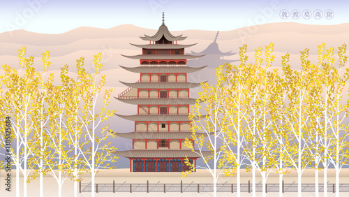 Red-style traditional Chinese architecture, oriental pagodas and ancient city gates