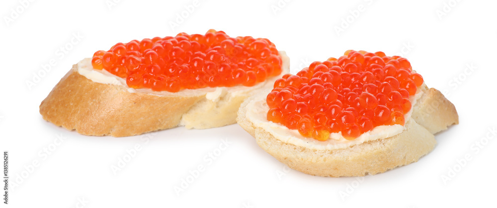 Tasty sandwiches with red caviar isolated on white Tasty sandwiches with red caviar isolated on white
