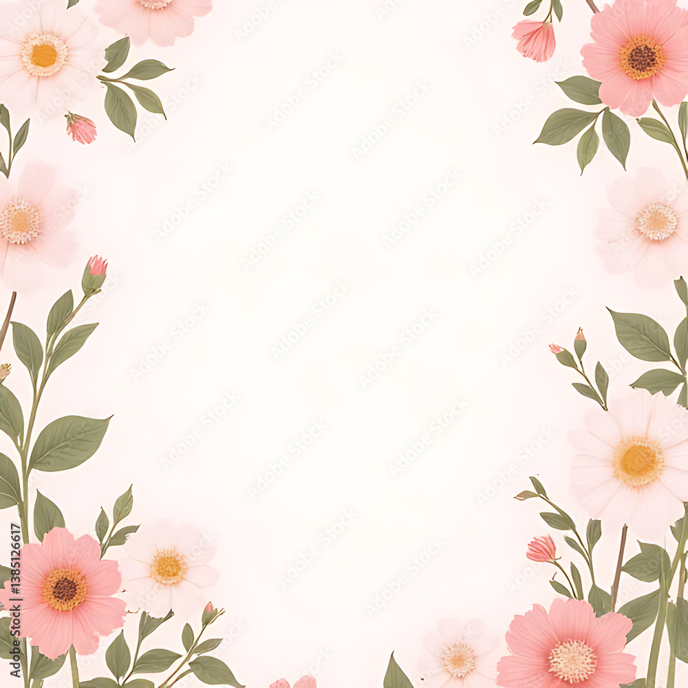 Fototapeta premium pastel botanical pattern of wild spring flowers scattered creatively across soft background, unique artistic arrangement with empty zones for text insertion