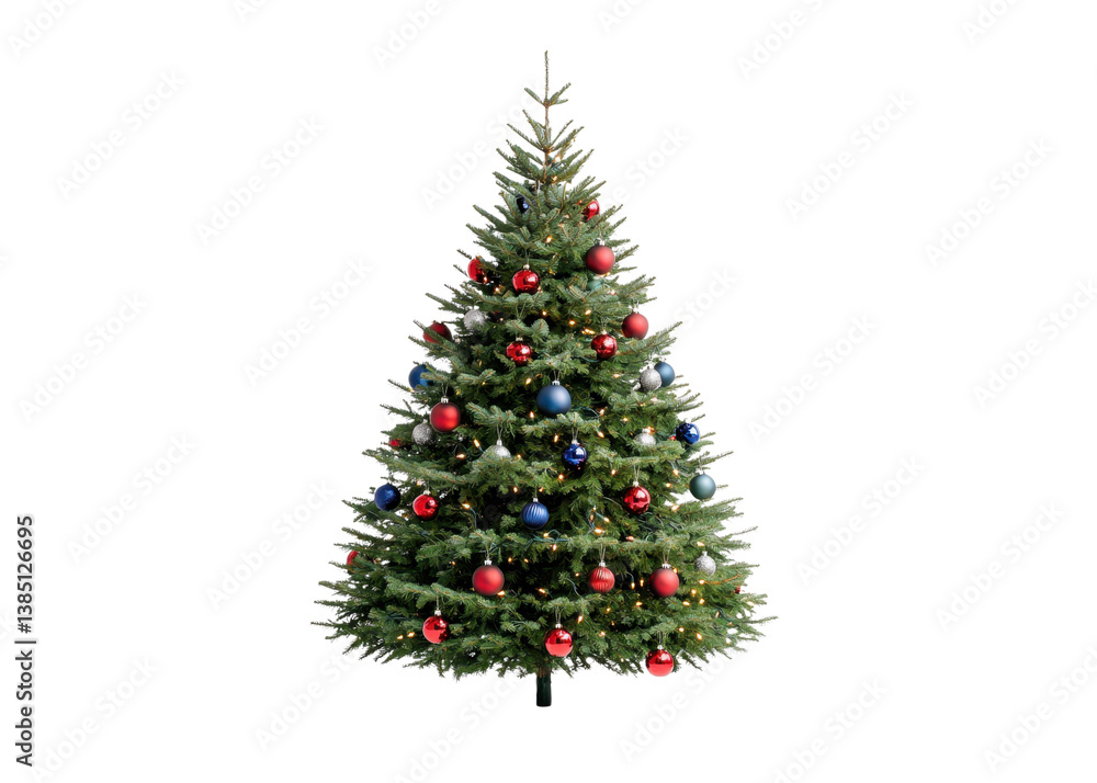 Decorated Christmas tree with red, blue, and silver ornaments and lights. Festive holiday season decoration. Decorated Christmas tree with red, blue, and silver ornaments and lights. Festive holiday season decoration.