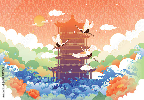 Red-style traditional Chinese architecture, oriental pagodas and ancient city gates