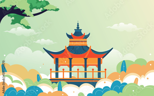 Red-style traditional Chinese architecture, oriental pagodas and ancient city gates