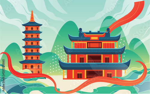 Red-style traditional Chinese architecture, oriental pagodas and ancient city gates