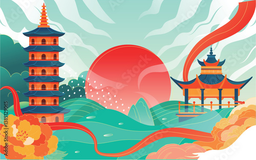 Red-style traditional Chinese architecture, oriental pagodas and ancient city gates