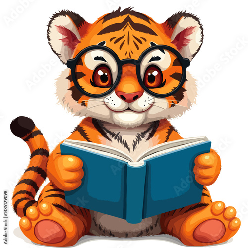 cute tiger cub reading book, glasses-wearing mascot design, high quality vector art