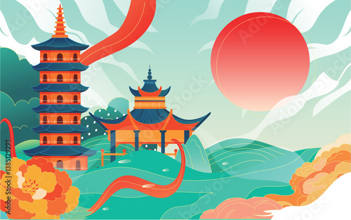 Red-style traditional Chinese architecture, oriental pagodas and ancient city gates