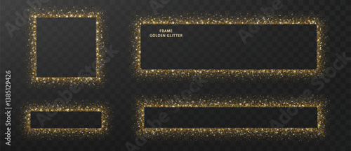 Golden glitter frame set. Shimmering border with sparkling sequin texture. Christmas decoration