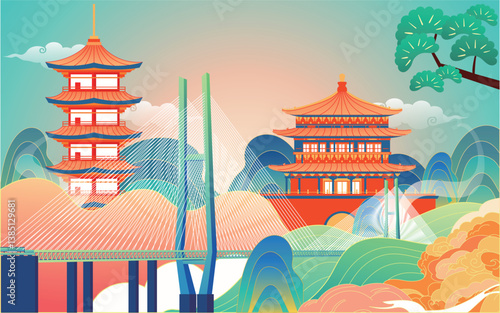Red-style traditional Chinese architecture, oriental pagodas and ancient city gates