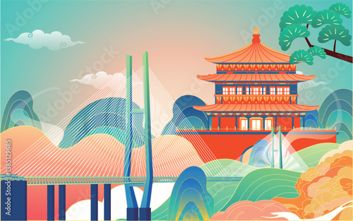 Red-style traditional Chinese architecture, oriental pagodas and ancient city gates