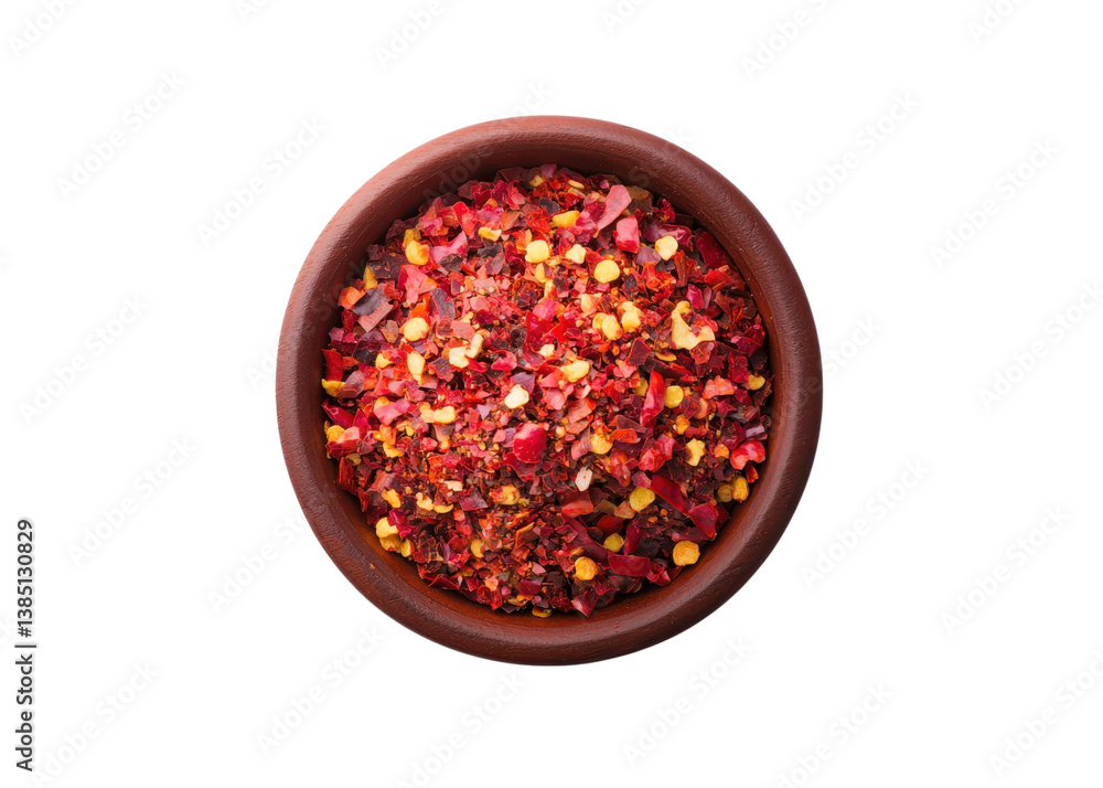 Crushed red pepper flakes in a bowl, top view. Spice for cooking, seasoning. Isolated on transparent background. Crushed red pepper flakes in a bowl, top view. Spice for cooking, seasoning. Isolated on transparent background.