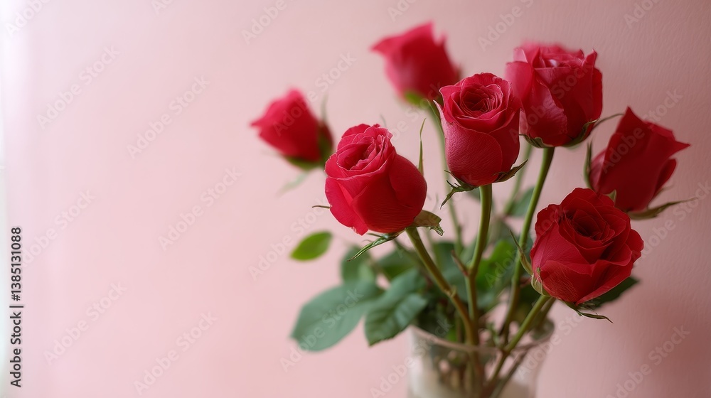 Close-up arrangement of vibrant red roses in a glass vase, beautifully illuminated by natural light, set against a soft pastel pink background in a studio Close-up arrangement of vibrant red roses in a glass vase, beautifully illuminated by natural light, set against a soft pastel pink background in a studio