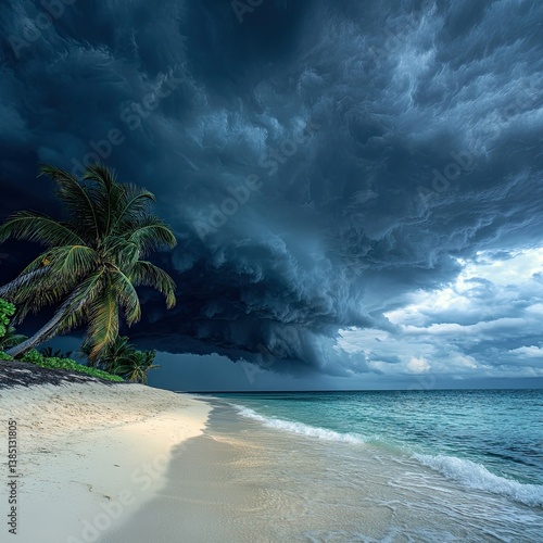 A rare tropical storm on the horizon, with dark, swirling clouds contrasting with the tranquil beach in the foreground.