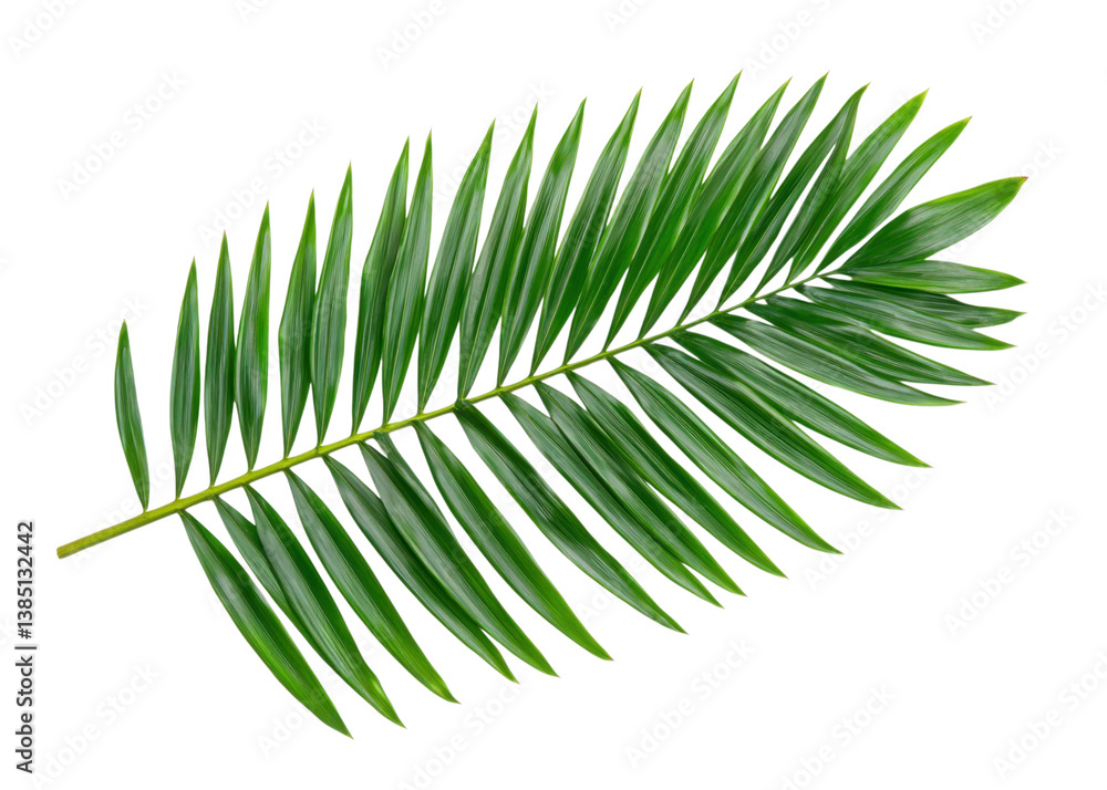 Naklejka premium Green palm leaf isolated on transparent background. Concept of nature, summer, and tropical.
