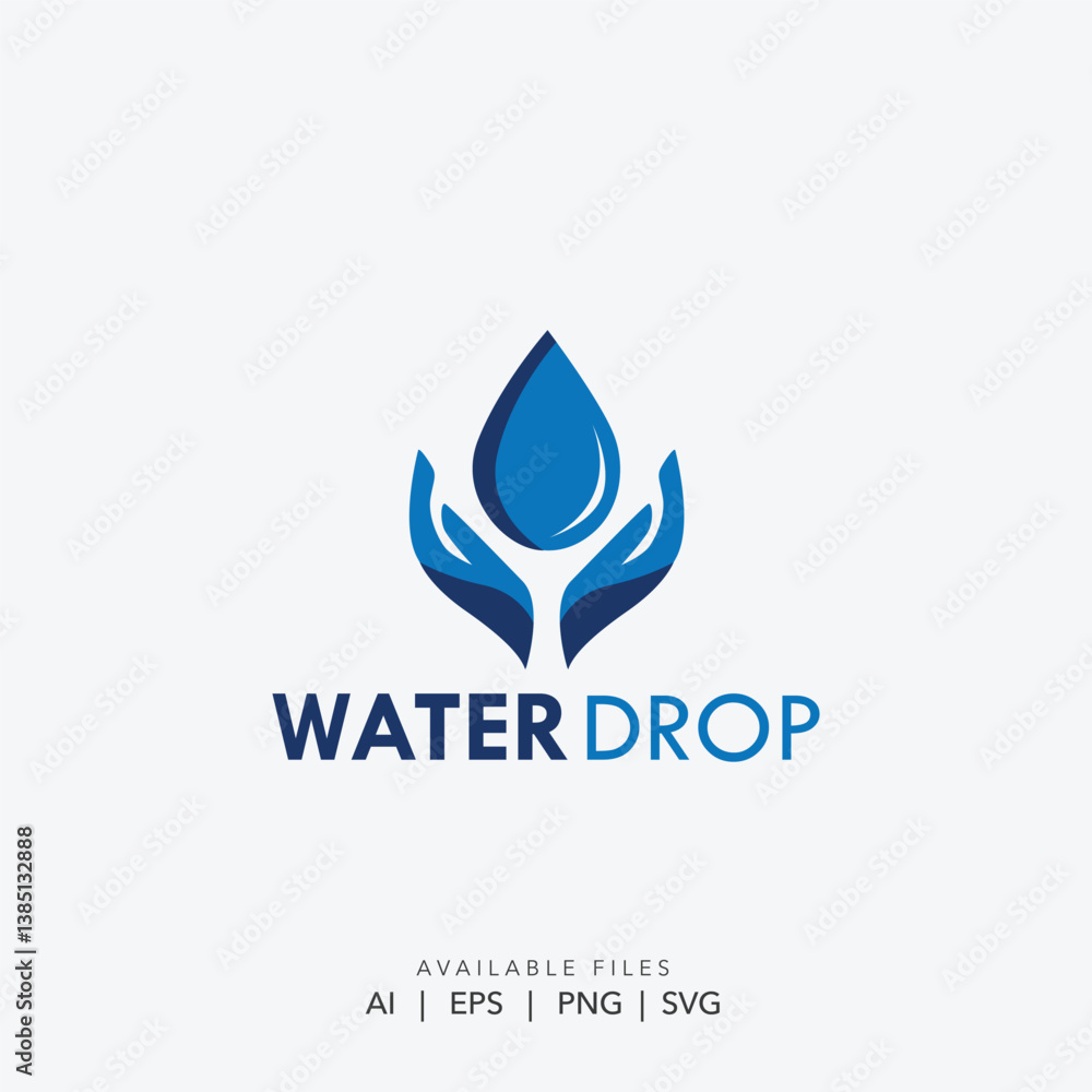 Elegant Water Drop Logo with Hands, Professional Blue Water Droplet Logo for Clean Water Elegant Water Drop Logo with Hands, Professional Blue Water Droplet Logo for Clean Water