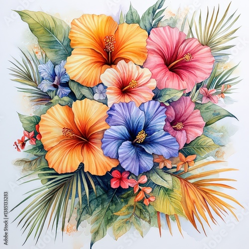 Wallpaper Mural Vibrant Tropical Floral Arrangement with Hibiscus Blossoms and Leaves Torontodigital.ca