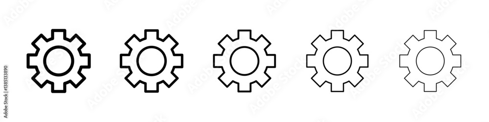 Settings gear icons vector set in different stroke line style Settings gear icons vector set in different stroke line style