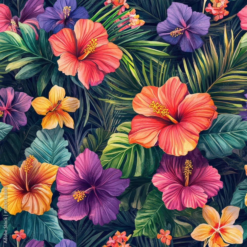 custom made wallpaper toronto digitalColorful Tropical Floral Pattern with Hibiscus and Leaves