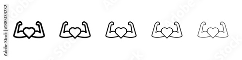 Strong heart icons vector set in different stroke line style