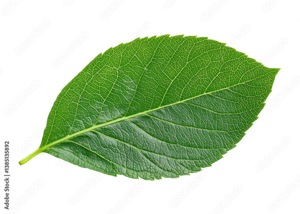 Obraz premium Close up of a vibrant green leaf with detailed veins, isolated on white. Symbolizes nature, growth, and freshness.
