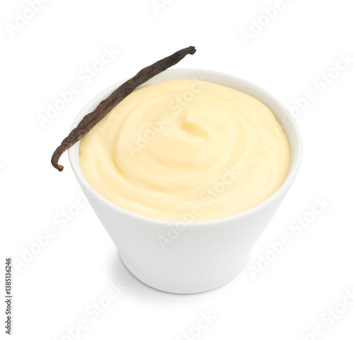 Canvastavla Tasty vanilla pudding and pod in bowl isolated on white