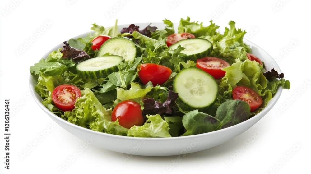A clean bowl of mixed greens salad with cucumbers, tomatoes, and avocado. Featuring fresh and healthy ingredients A clean bowl of mixed greens salad with cucumbers, tomatoes, and avocado. Featuring fresh and healthy ingredients