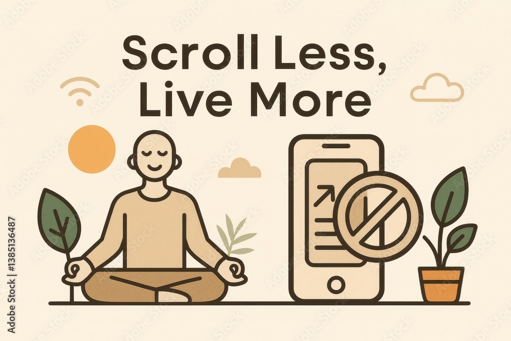 Mindful living illustration - man meditating near smartphone with icon encouraging less screen time Mindful living illustration - man meditating near smartphone with icon encouraging less screen time