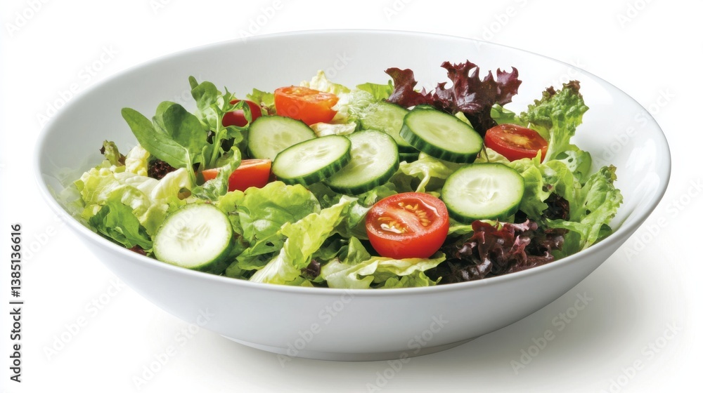 A clean bowl of mixed greens salad with cucumbers, tomatoes, and avocado. Featuring fresh and healthy ingredients A clean bowl of mixed greens salad with cucumbers, tomatoes, and avocado. Featuring fresh and healthy ingredients