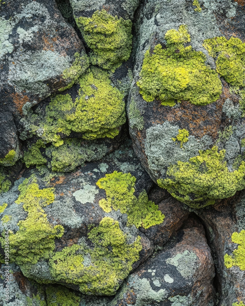 Obraz premium Abstract patterns of lichen and moss growing on forest rocks, showcasing the intricate textures and natural beauty of woodland flora in close-up detail