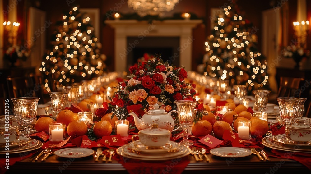 Festive formal dinner table setting, decorated with Christmas trees Festive formal dinner table setting, decorated with Christmas trees
