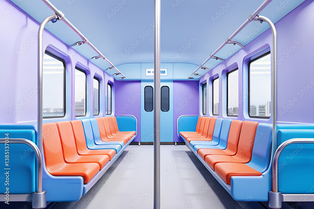 Fototapeta premium Empty Subway Car Interior with Purple Walls, Blue Accents, and Orange Seats