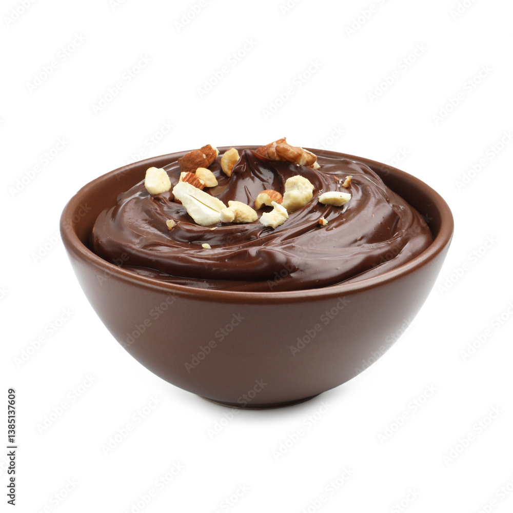 Delicious chocolate pudding with nuts in bowl isolated on white Delicious chocolate pudding with nuts in bowl isolated on white