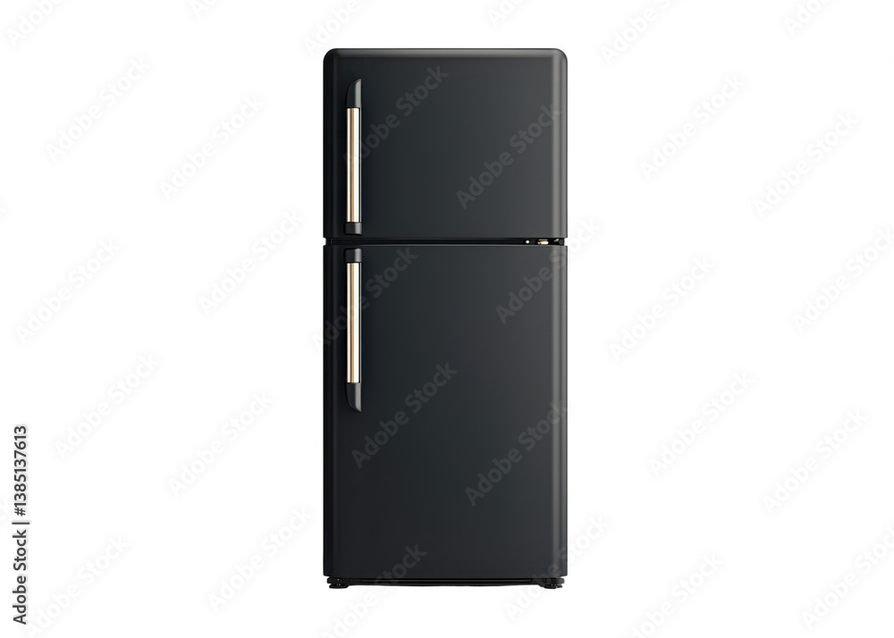 Black retro refrigerator with two doors isolated on transparent background. Kitchen appliance concept. Black retro refrigerator with two doors isolated on transparent background. Kitchen appliance concept.